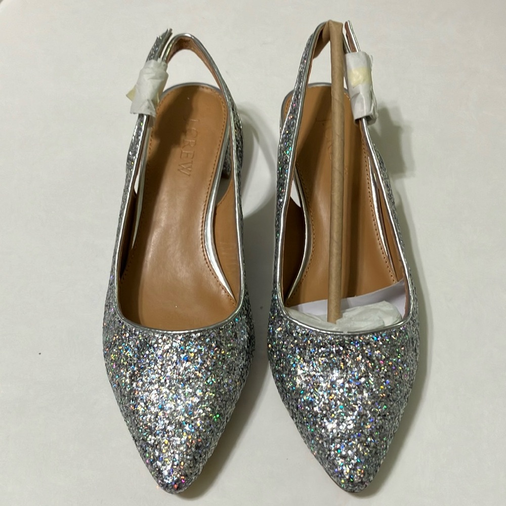 J.Crew Glitter Slingback Block Heels size 5 Silver NIB